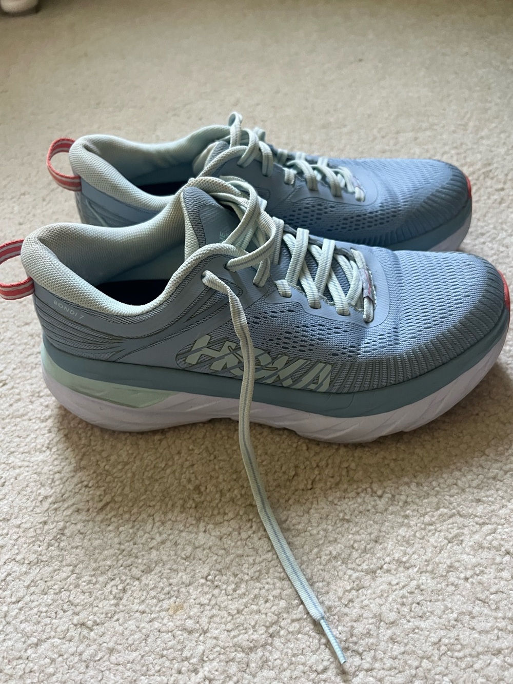 Hoka One One Women's Bondi 7 Pale Blue Athletic Running Shoes with Coral Accents